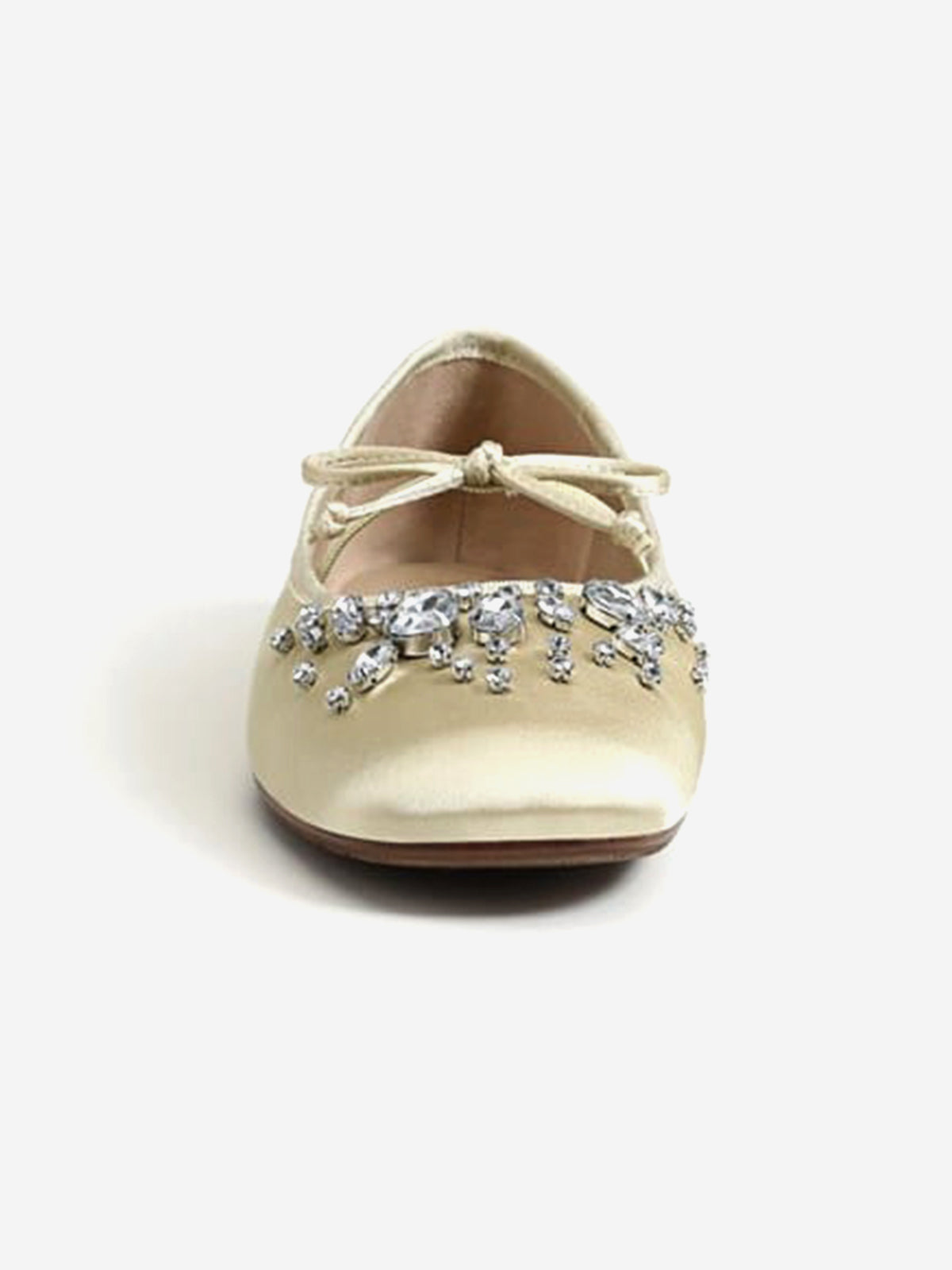 Beige Satin Square-Toe Front Crystals And Mary Jane Ballet Flats