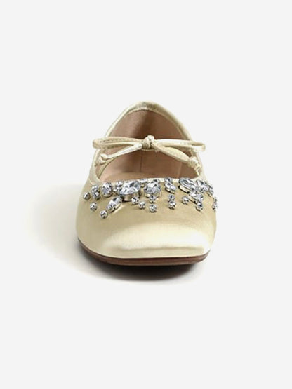 Beige Satin Square-Toe Front Crystals And Mary Jane Ballet Flats