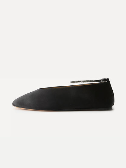 Black Satin Square-Toe Slip-On And Ankle Strap Ballet Flats