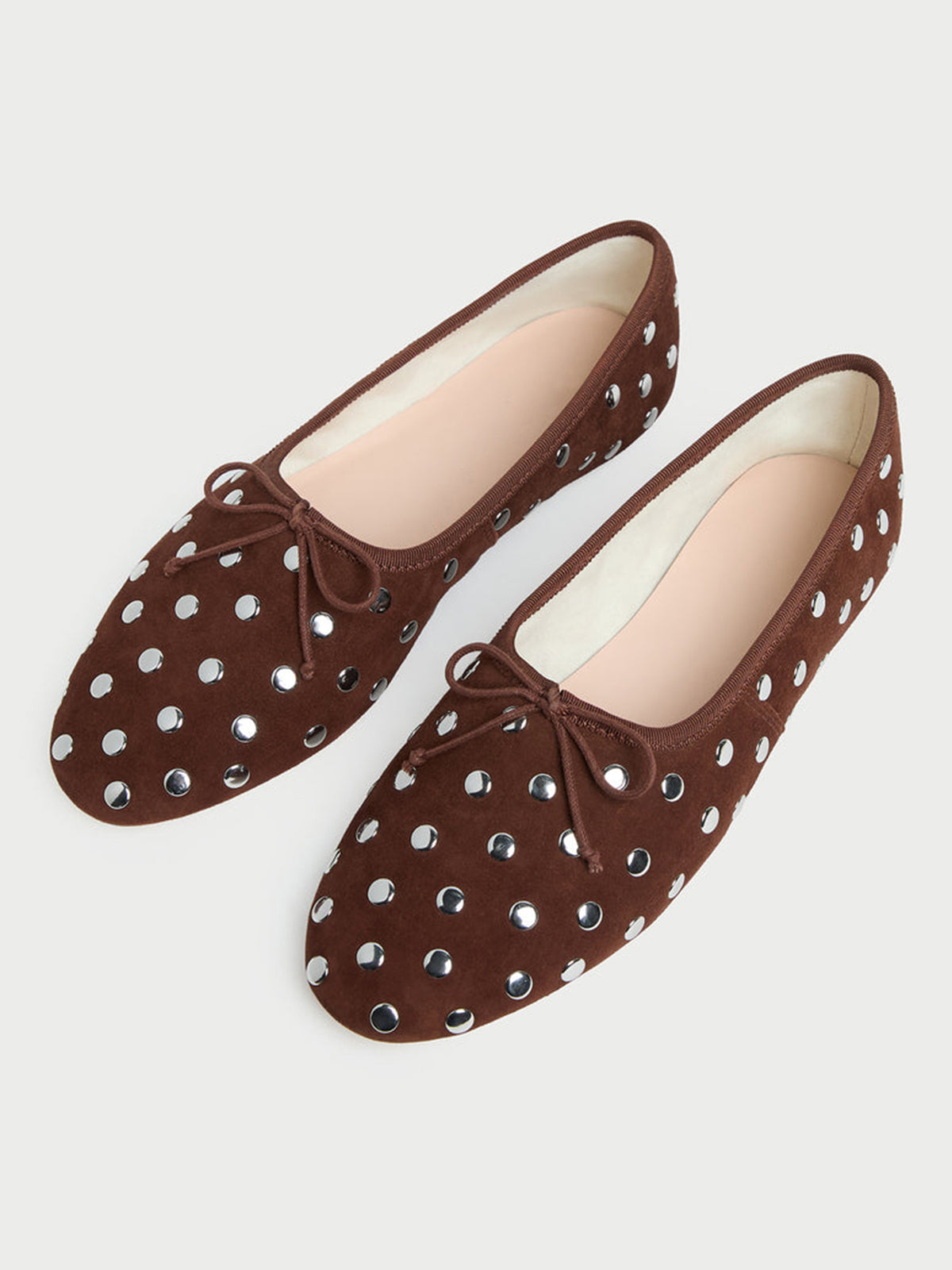 Coffee Faux Suede Round-Toe Chic Front Bow Slip-On Studs Ballet Flats