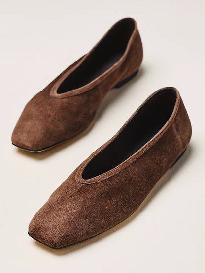 Coffee Faux Suede Square-Toe Simple Slip-On Ballet Flats