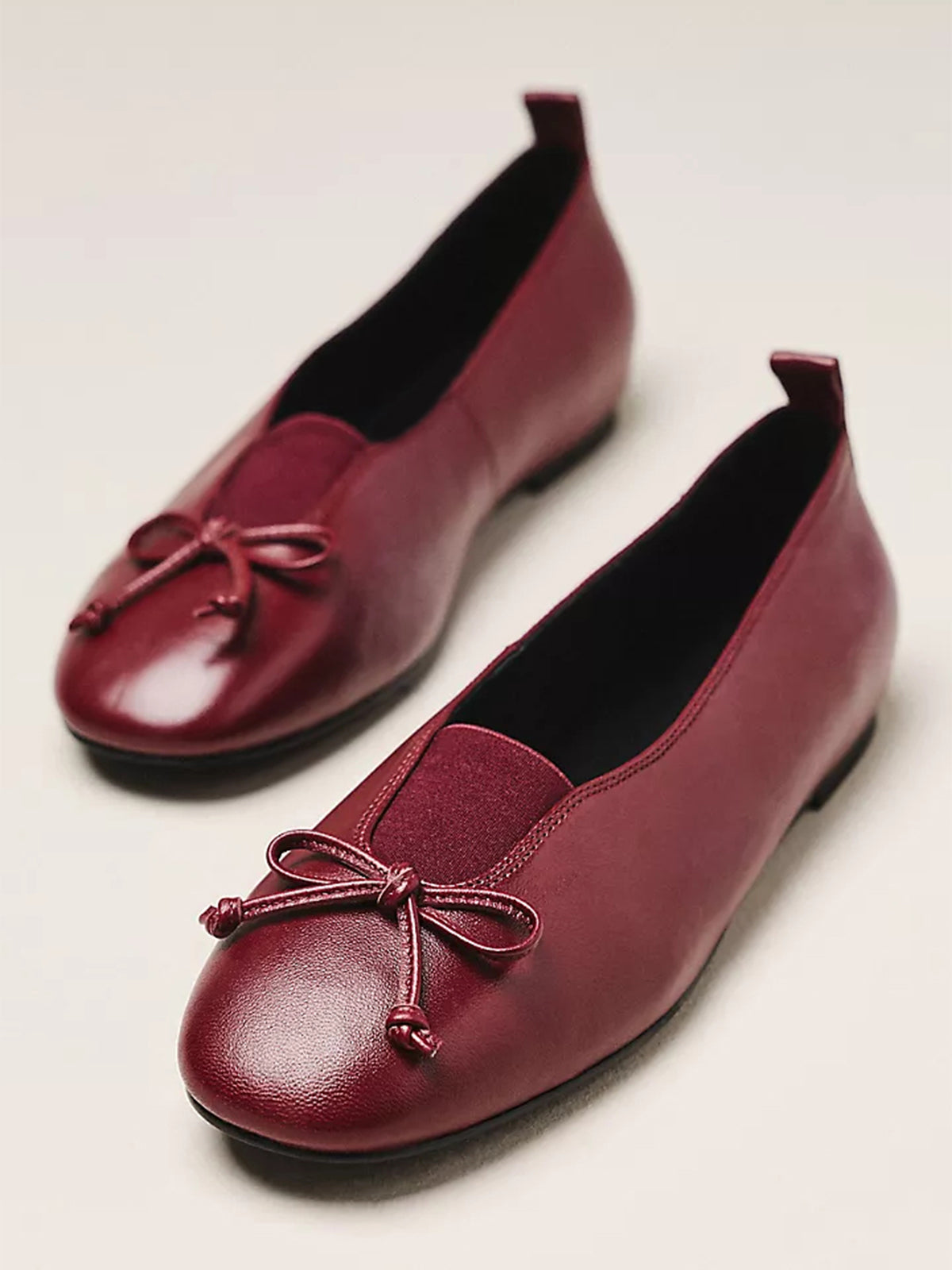 Burgundy Square-Toe Front Bow Elastic Ballet Flats