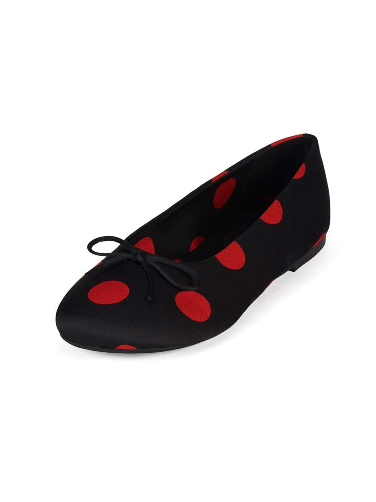 Black Satin With Red Spot Round-Toe Front Bow Slip-On Ballet Flats