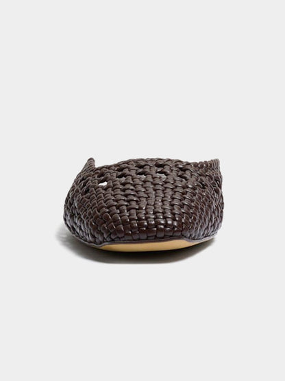 Woven Vegan Leather Square-Toe Cutout Backless Flats - Chocolate