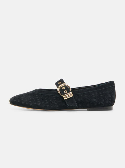 Chocolate Perforated Faux Suede Square-Toe Middle Strap Ballet Flats