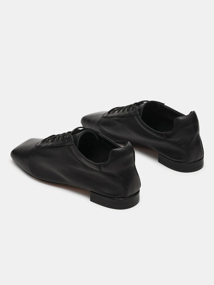 Black Square-Toe Simple Lace-Up Chic Flats