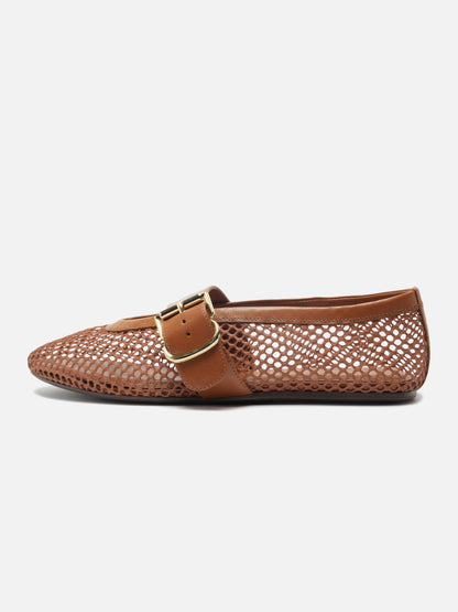 Brown Mesh Round-Toe Buckle Wide Strap Slip-On Ballet Flats