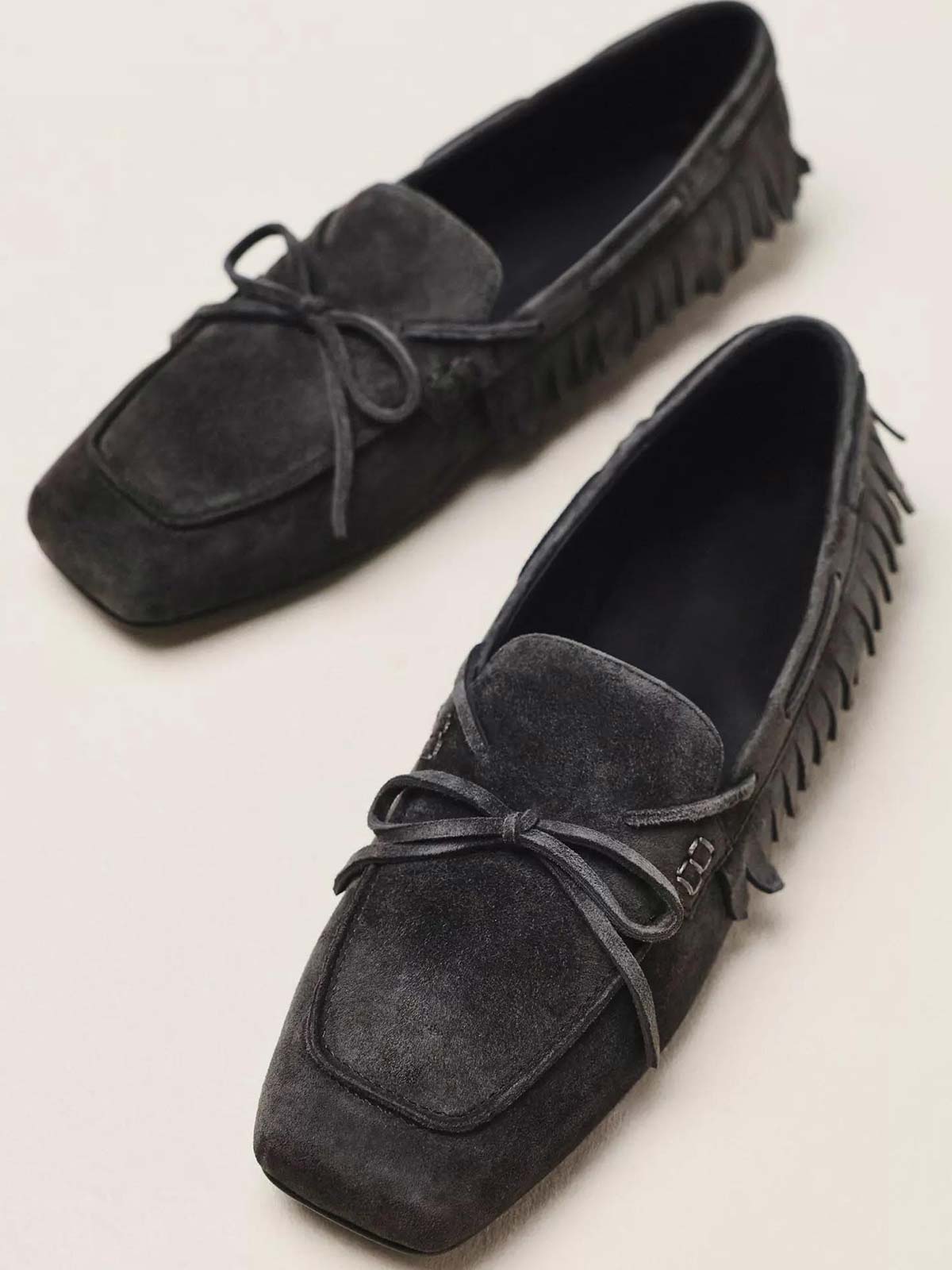 Dark Gray Cow Suede Square-Toe Front Bow Side Fringe Slip-On Flats