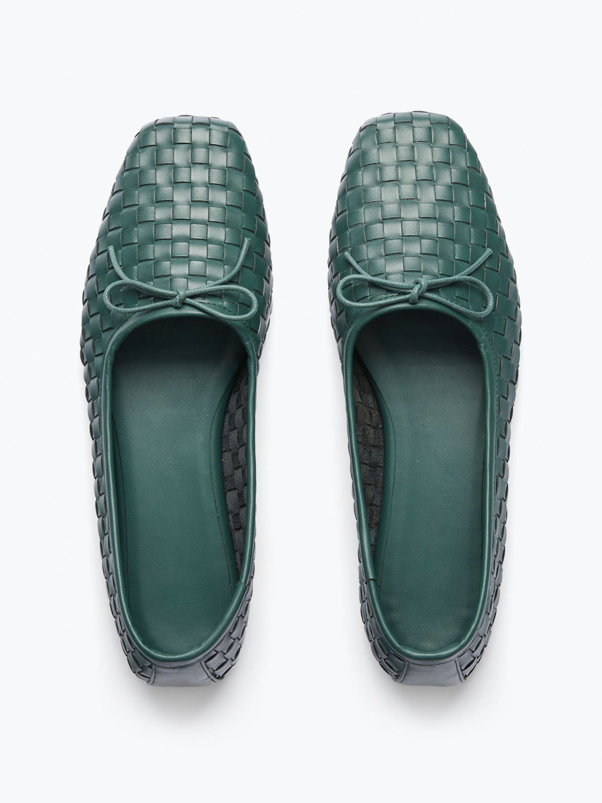 Woven Vegan Leather Square-Toe Front Bow Slip-On Ballet Flats - Green