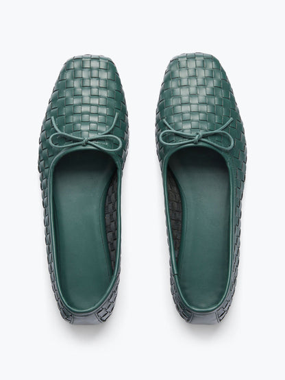 Woven Vegan Leather Square-Toe Front Bow Slip-On Ballet Flats - Green
