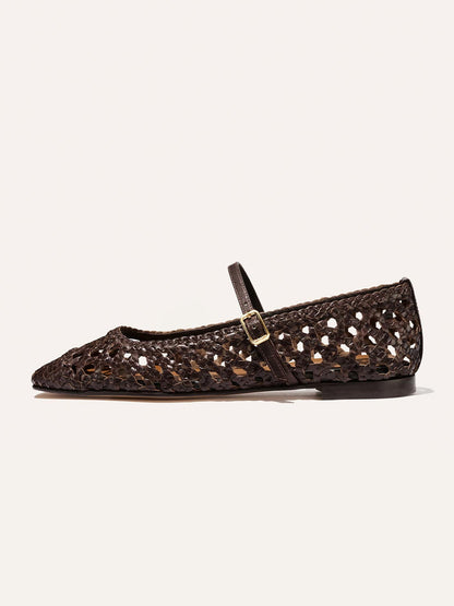 Coffee Woven Vegan Leather Square-Toe Mary Jane Chic Ballet Flats