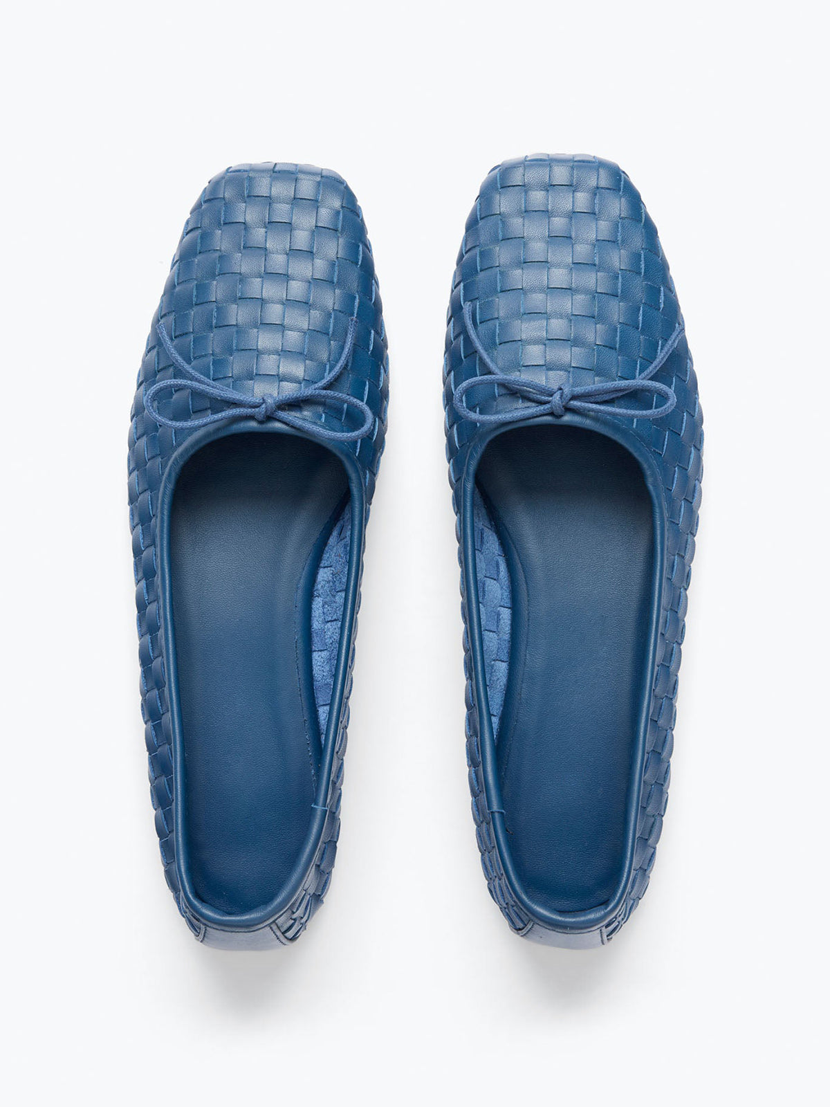 Woven Vegan Leather Square-Toe Front Bow Slip-On Ballet Flats - Indigo