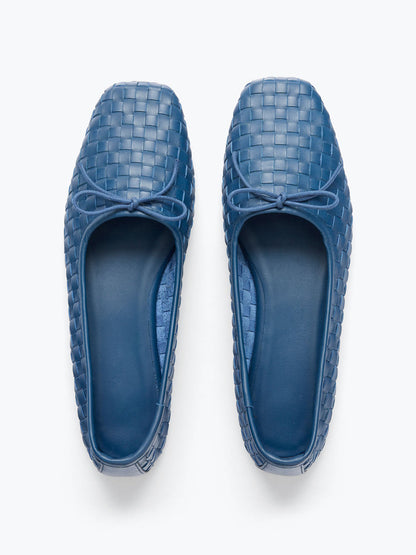 Woven Vegan Leather Square-Toe Front Bow Slip-On Ballet Flats - Indigo