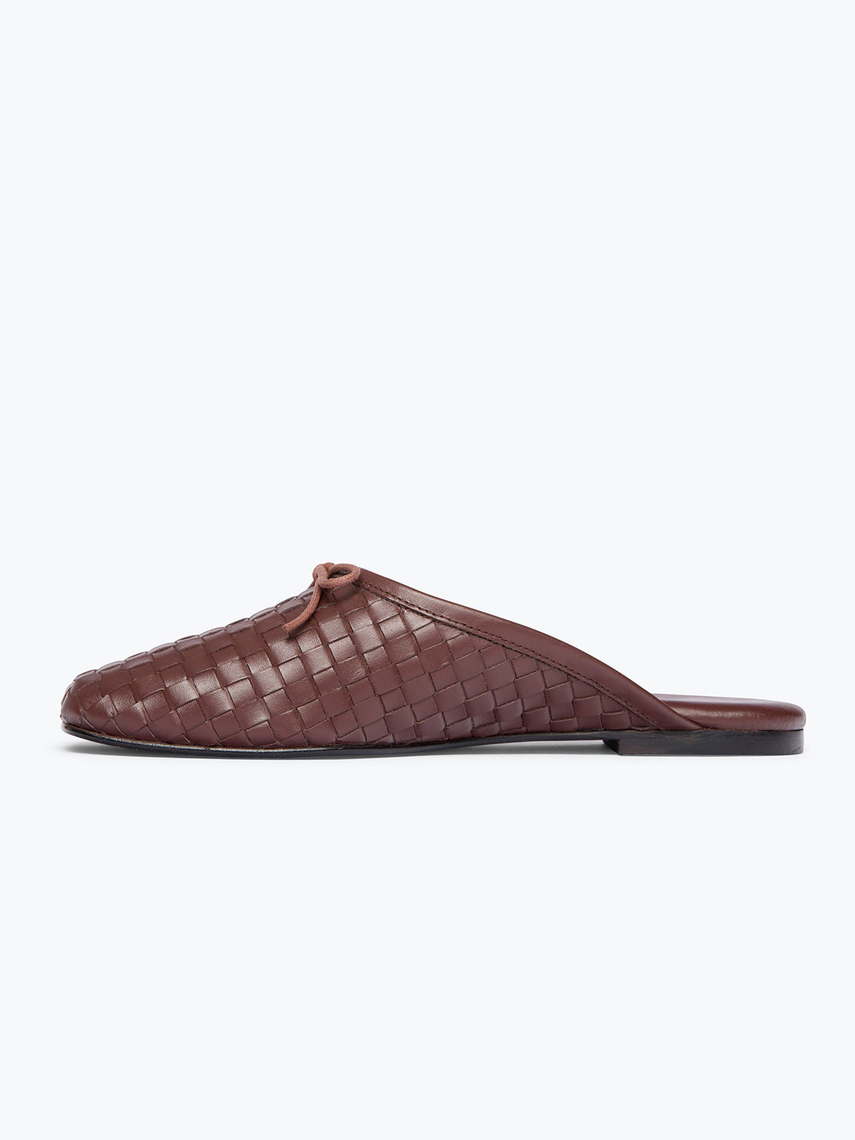 Woven Vegan Leather Square-Toe Front Bow Slip-On Backless Flats - Coffee