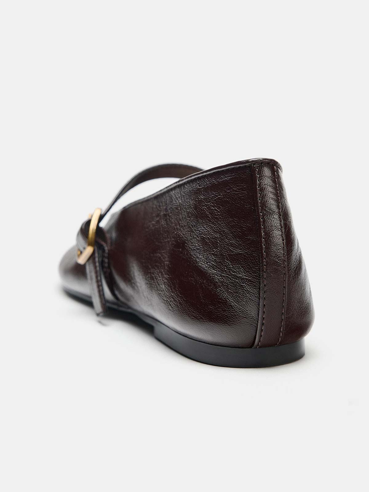 Chocolate Round-Toe Buckle Middle Strap Slip-On Ballet Chic Flats