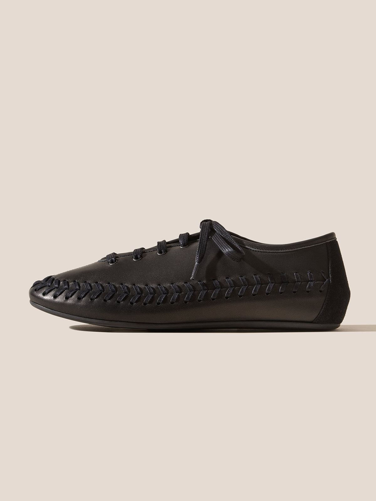 Black Round-Toe Lace-Up And Braided-Detail Sporty Flats