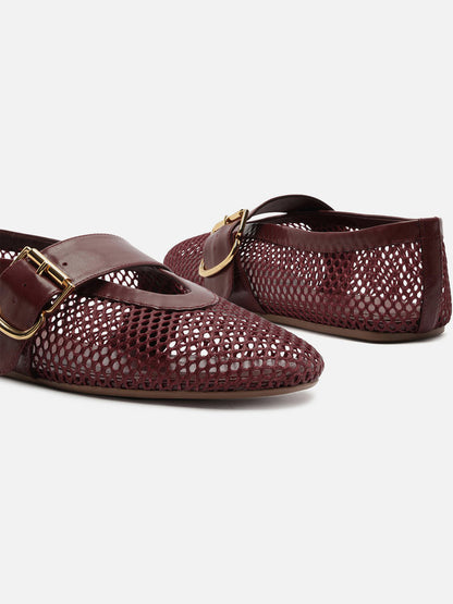 Dark Brown Mesh Round-Toe Buckle Wide Strap Slip-On Ballet Flats