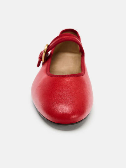 Red Round-Toe Buckle Middle Strap Slip-On Ballet Chic Flats
