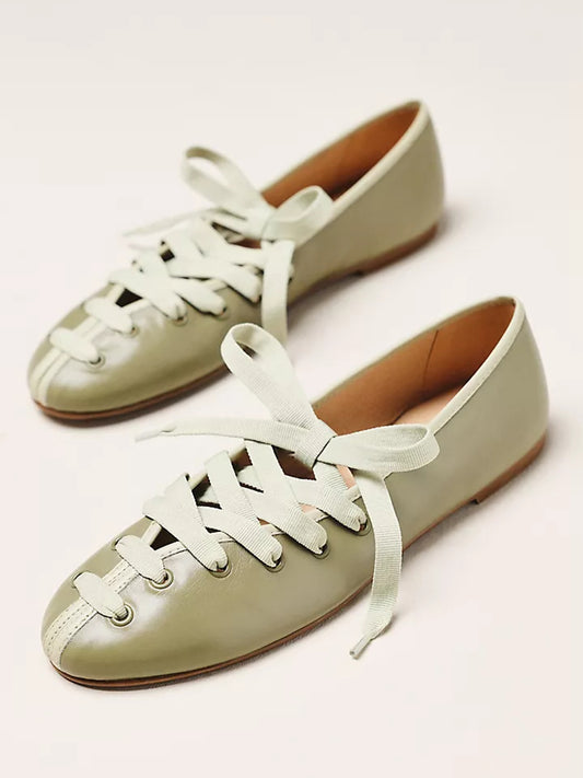 Green Round-Toe Simple Lace-Up Slip-On Ballet Flats