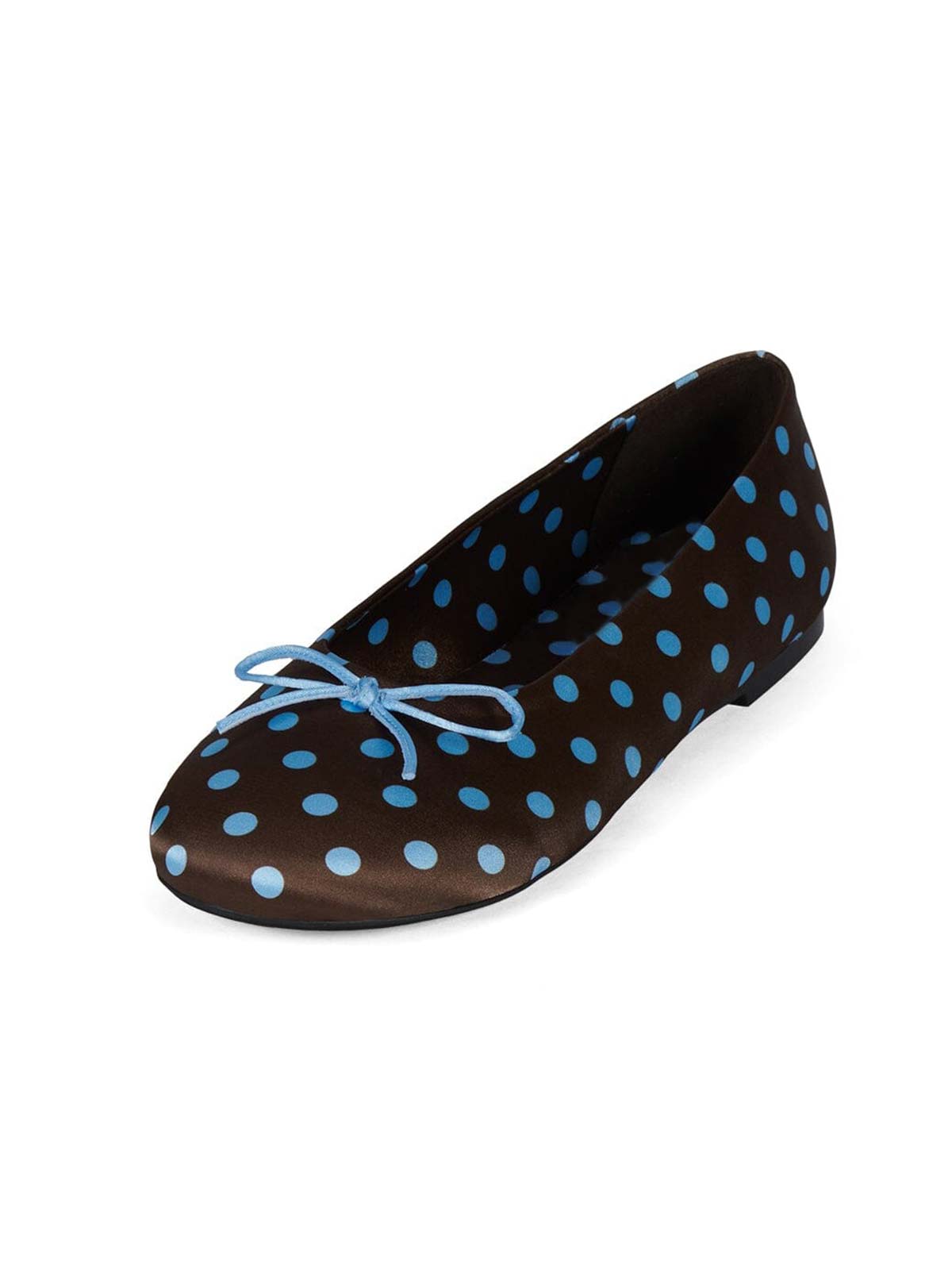 Brown Satin With Blue Spot Round-Toe Front Bow Slip-On Ballet Flats