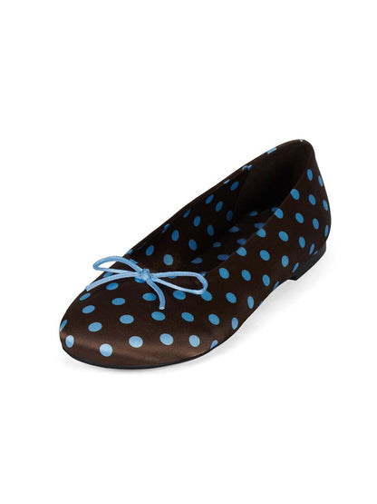 Brown Satin With Blue Spot Round-Toe Front Bow Slip-On Ballet Flats