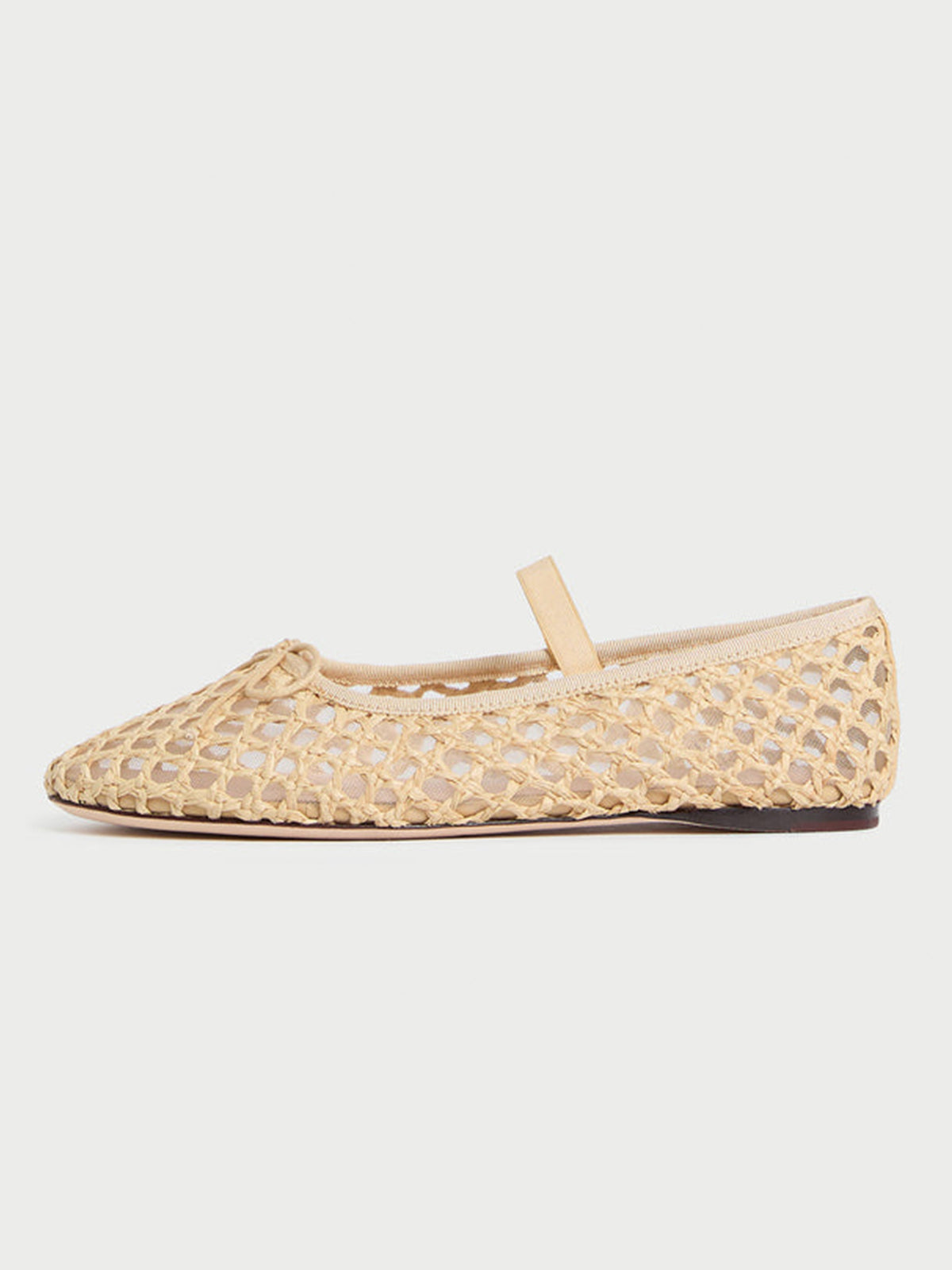 Nude Woven And Mesh Round-Toe Front Bow And Middle Strap Ballet Flats