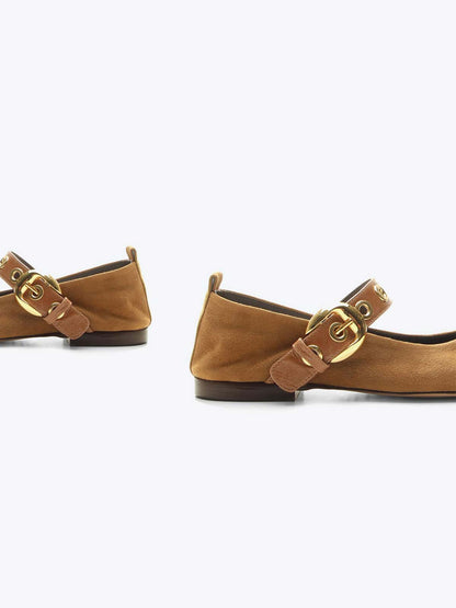 Tan Faux Suede Square-Toe Buckle Wide Mary Jane Strap Ballet Flats