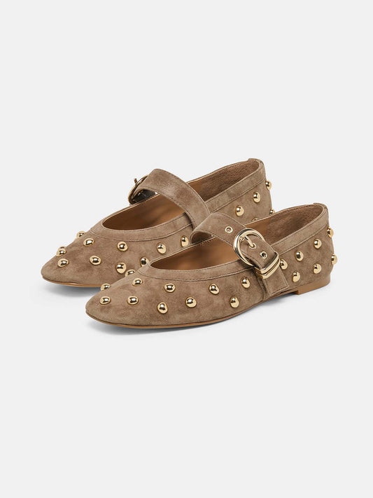 Taupe Faux Suede Square-Toe Buckle Mary Jane Strap And Full Studs Ballet Flats