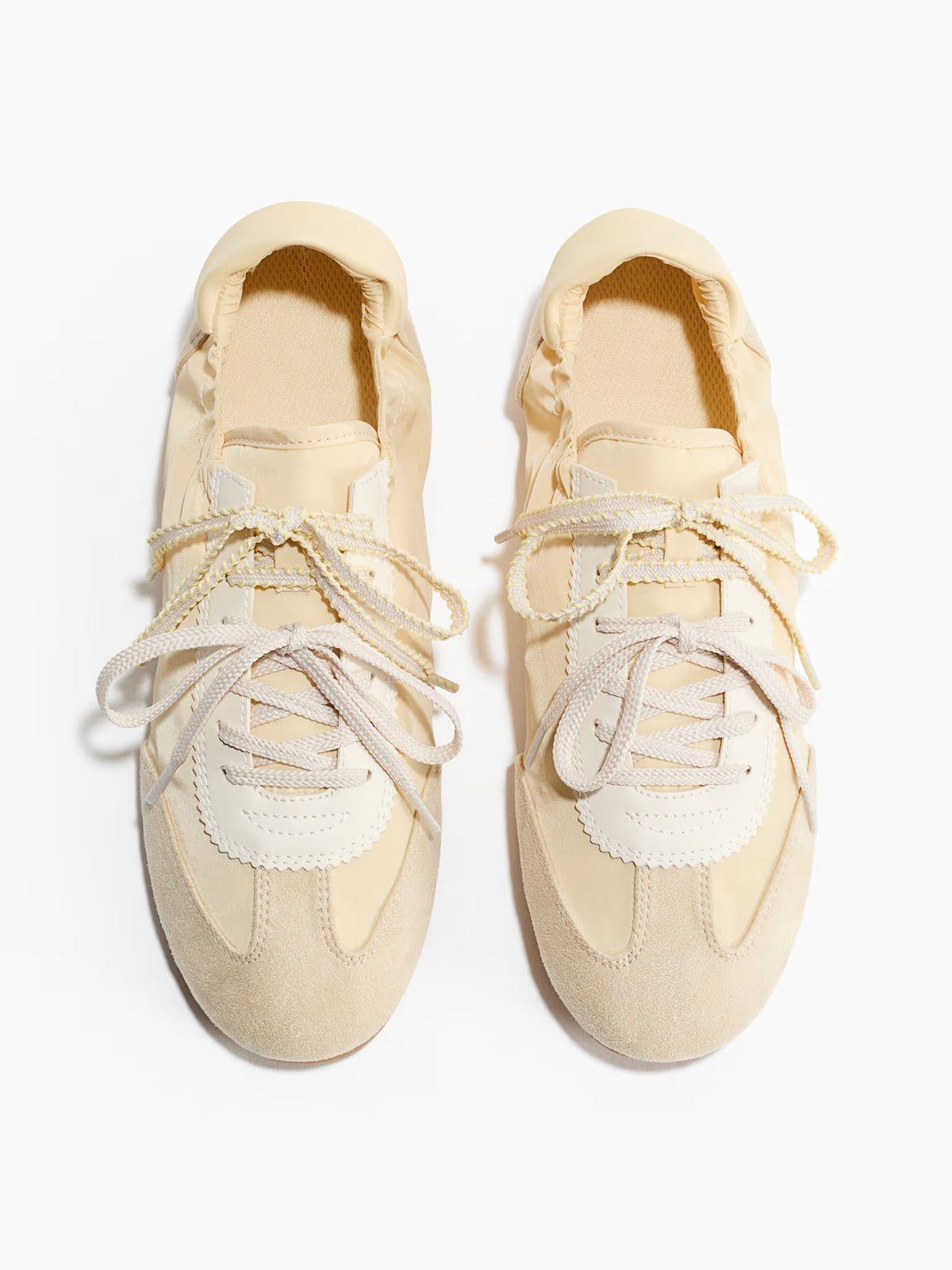 Light Yellow Satin And Cow Suede And Cow Leather Round-Toe Lace-Up Flats Sneakers