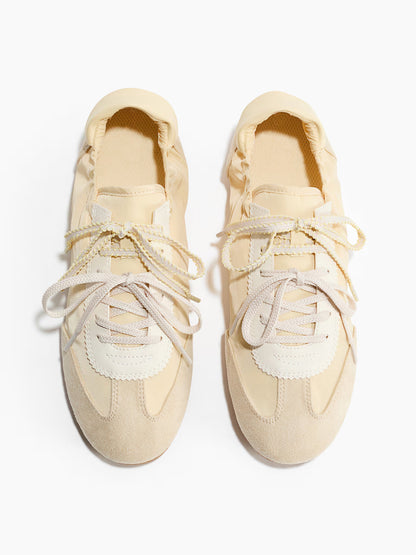 Light Yellow Satin And Cow Suede And Cow Leather Round-Toe Lace-Up Flats Sneakers
