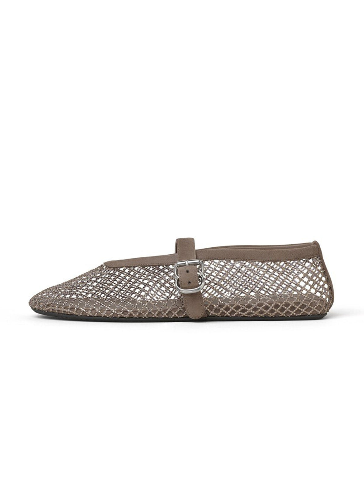 Green Mesh And Faux Suede Round-Toe Buckle Mary Jane Ballet Flats