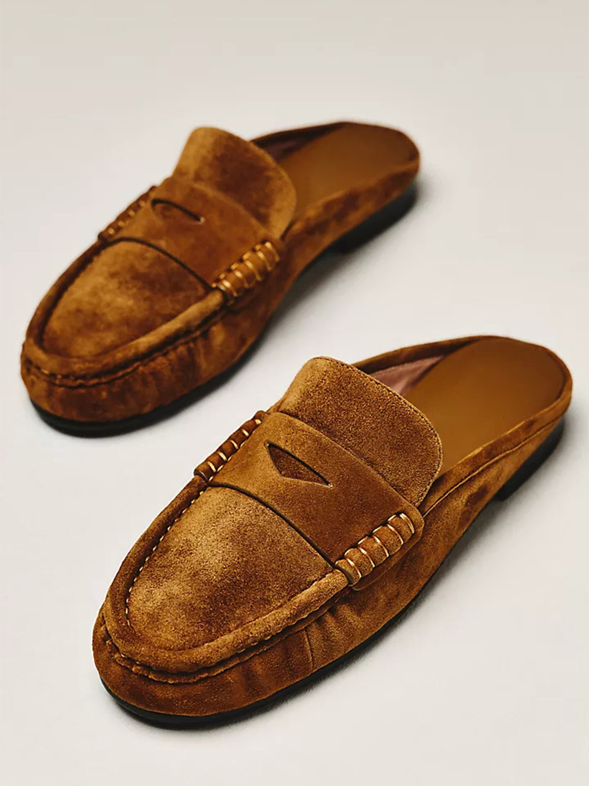 Caramel Round-Toe Simple Backless Loafer Mules Flats