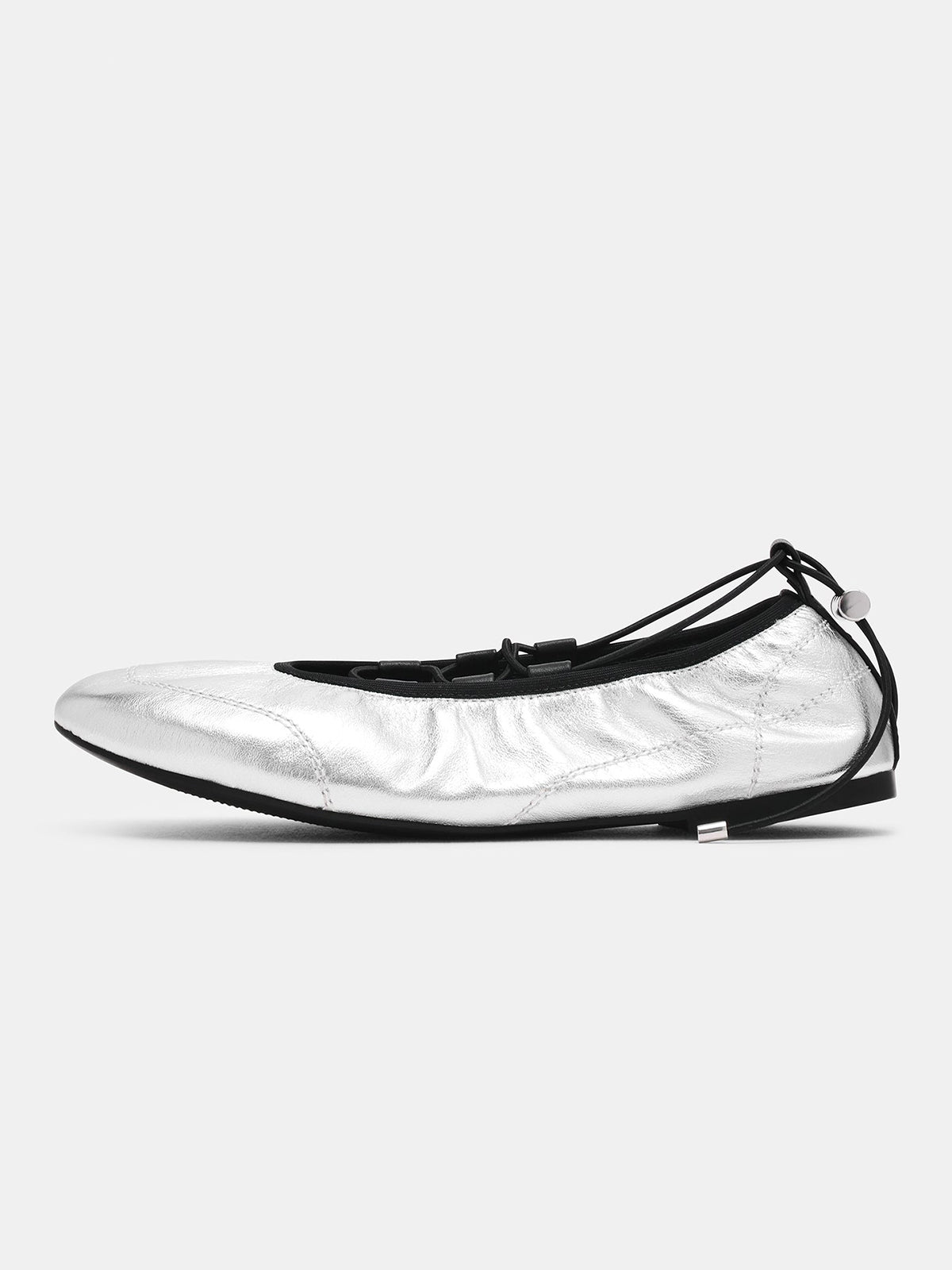 Metallic Silver Round-Toe Elastic Adjustable Closure Ballet Sneakers