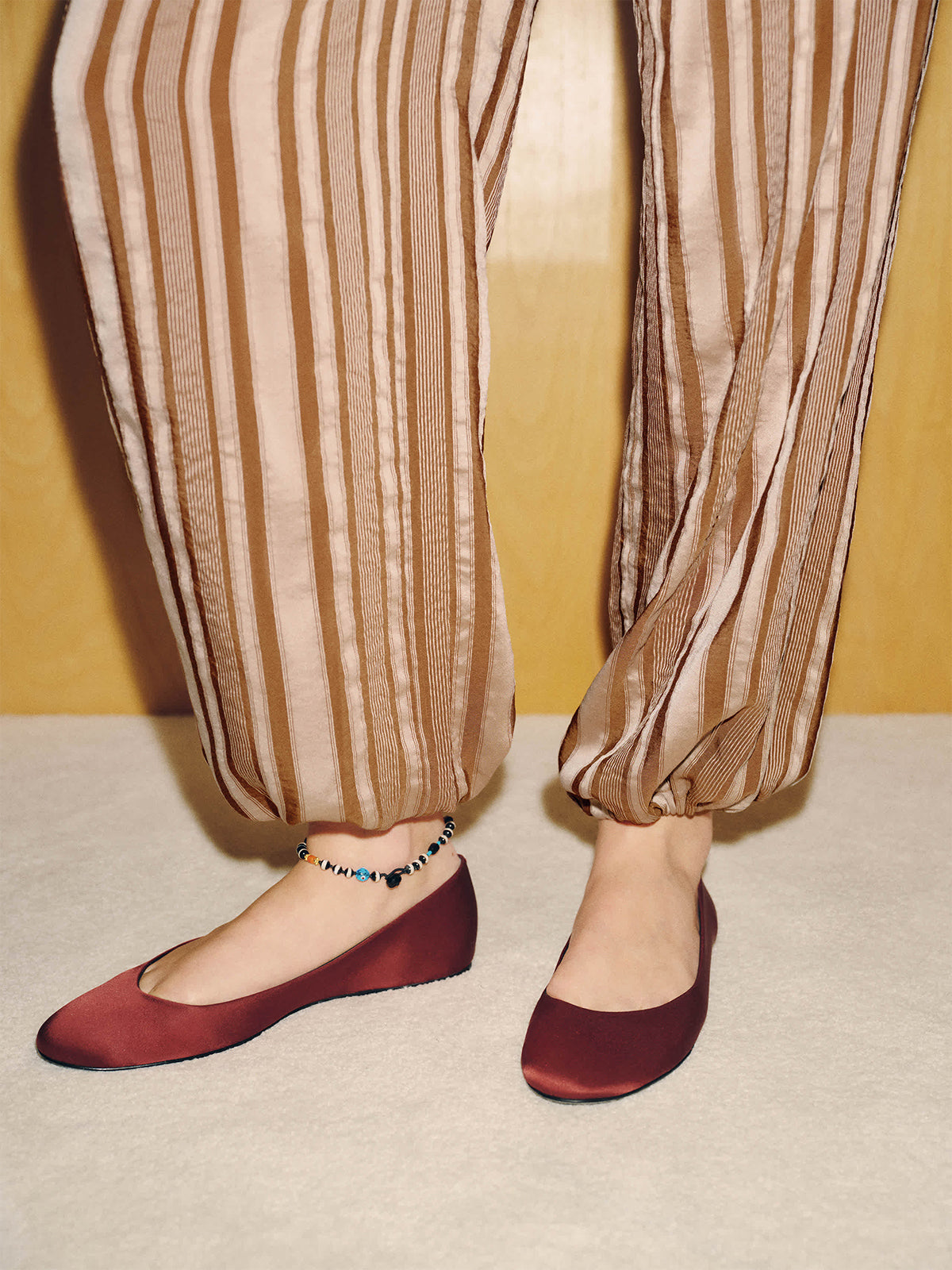 Burgundy Satin Round-Toe Slip-On Simple Ballet Flats