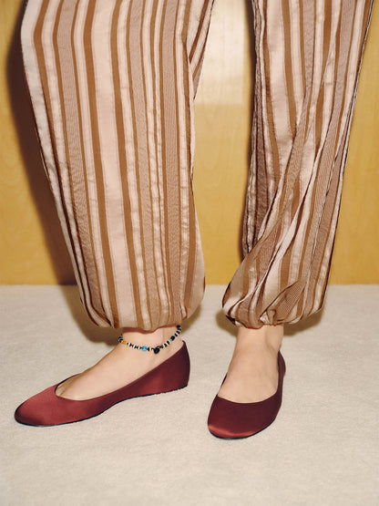 Burgundy Satin Round-Toe Slip-On Simple Ballet Flats