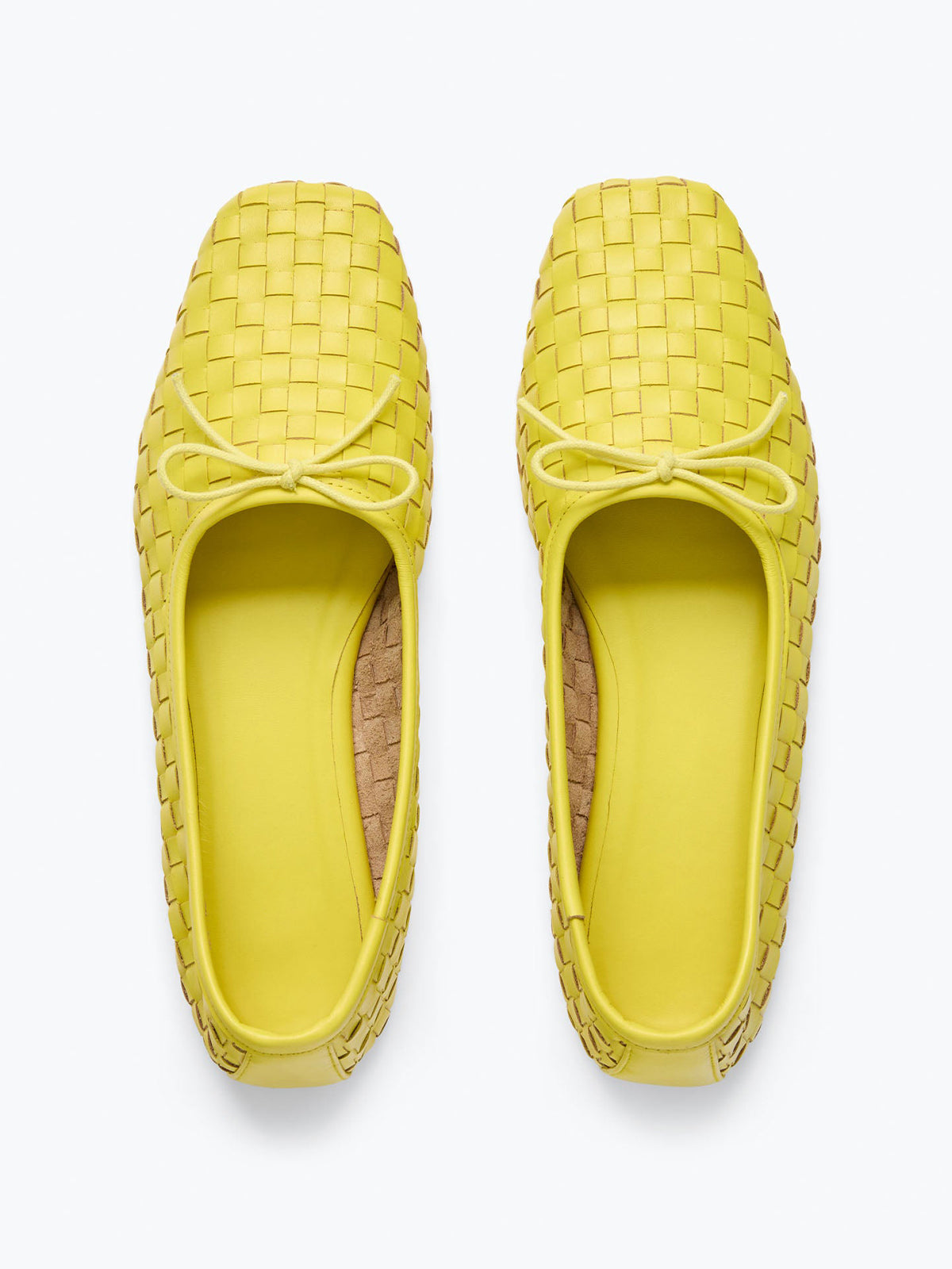 Woven Vegan Leather Square-Toe Front Bow Slip-On Ballet Flats - Yellow