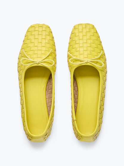 Woven Vegan Leather Square-Toe Front Bow Slip-On Ballet Flats - Yellow