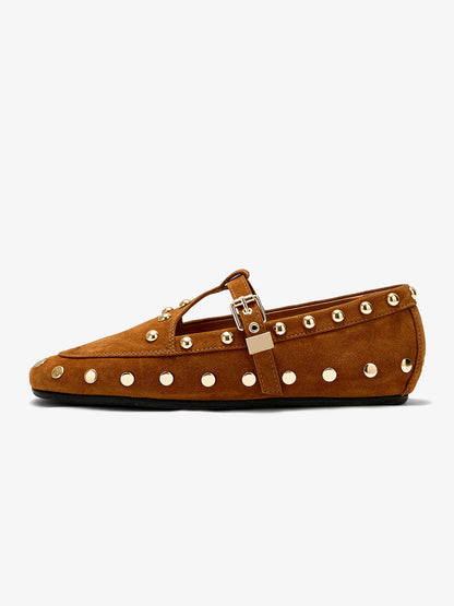 Brown Faux Suede Round-Toe Studs And Middle Strap Chic Flats