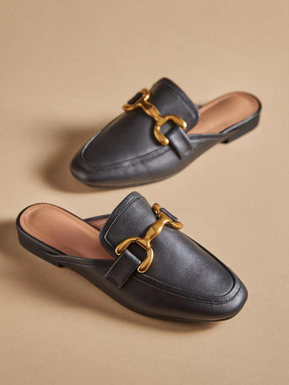 Black Vegan Leather Square-Toe Slip-On Backless Loafers Flats