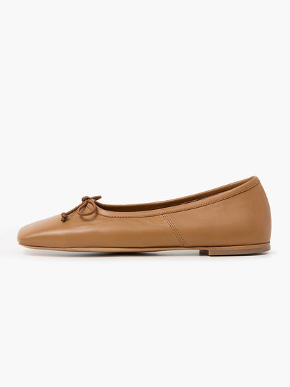 Cognac Classic Square-Toe Front Bow Simple Ballet Flats