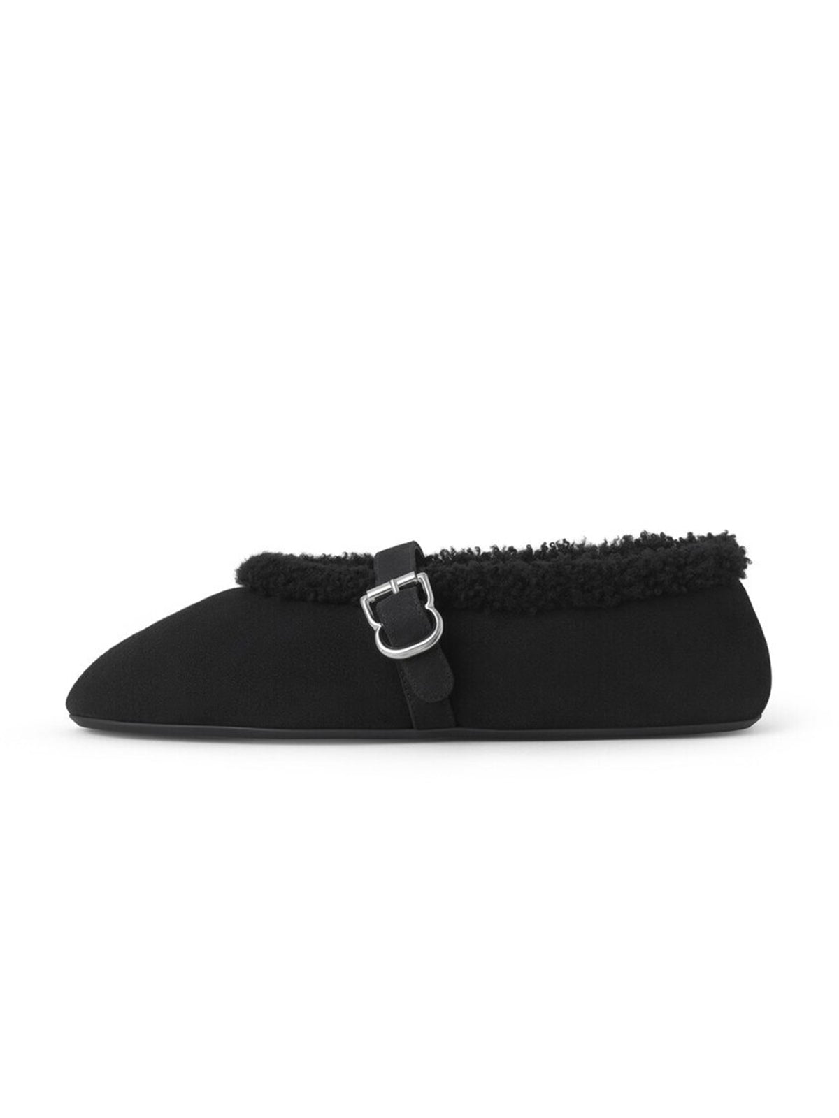 Black Faux Suede And Plush Round-Toe Mary Jane Slip-On Flats