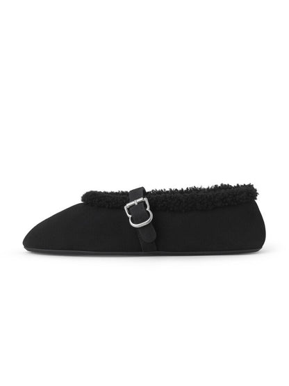 Black Faux Suede And Plush Round-Toe Mary Jane Slip-On Flats