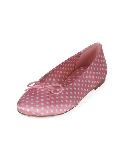 Pink Satin With White Spot Round-Toe Front Bow Slip-On Ballet Flats