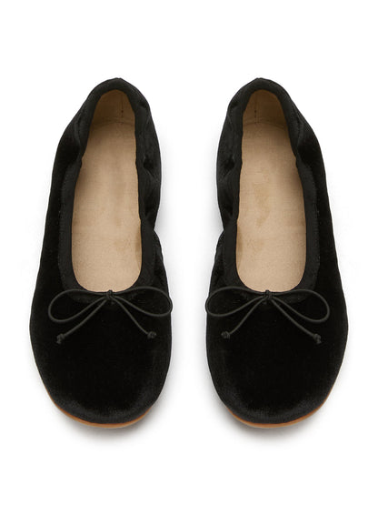 Black Velvet Round-Toe Chic Front Bow Slip-On Ballet Simple Flats