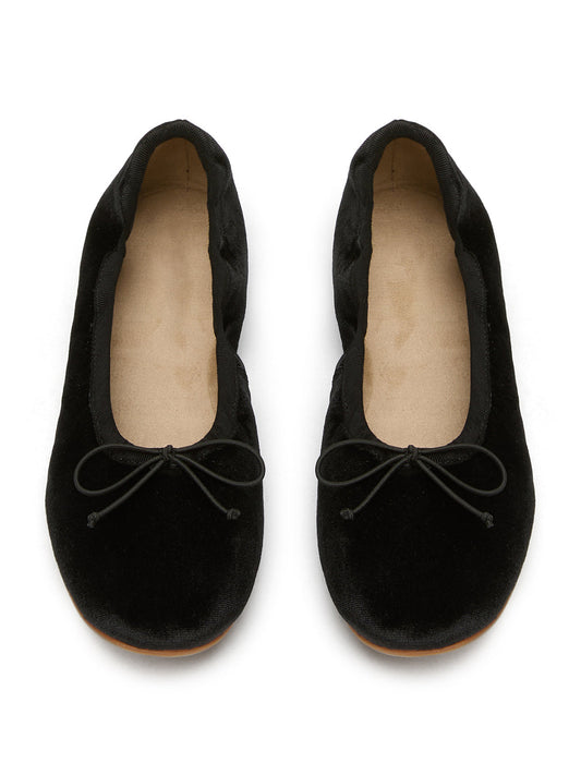 Black Velvet Round-Toe Chic Front Bow Slip-On Ballet Simple Flats