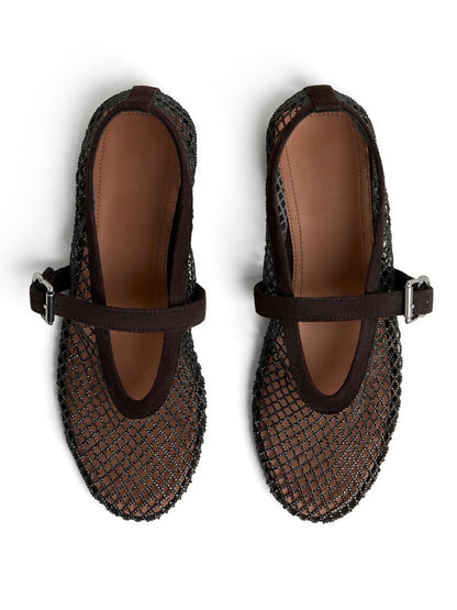 Brown Mesh And Faux Suede Round-Toe Buckle Mary Jane Ballet Flats