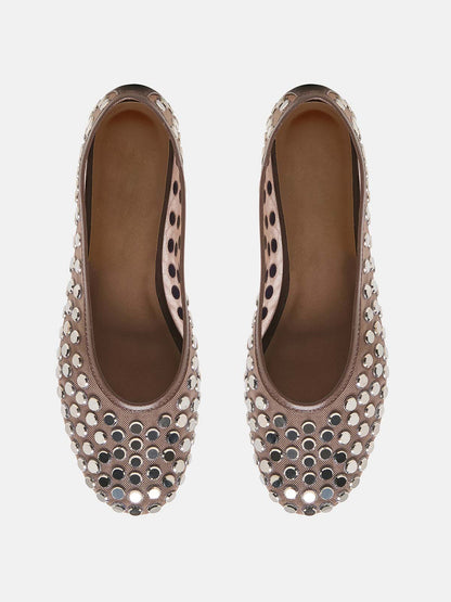 Brown Mesh Round-Toe Full Studs Slip-On Ballet Flats