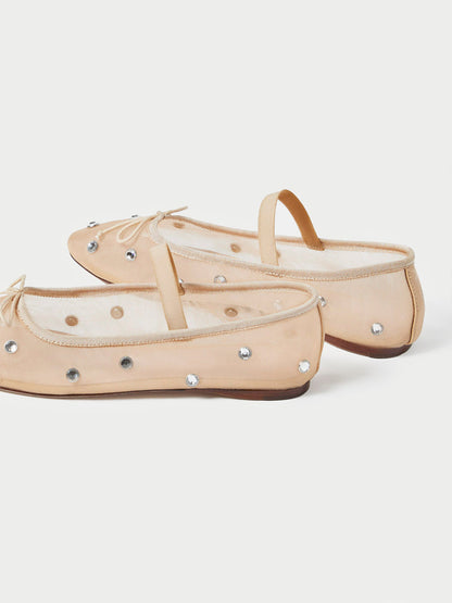 Caramel Crystals Mesh Round-Toe Front Bow And Middle Strap Ballet Flats
