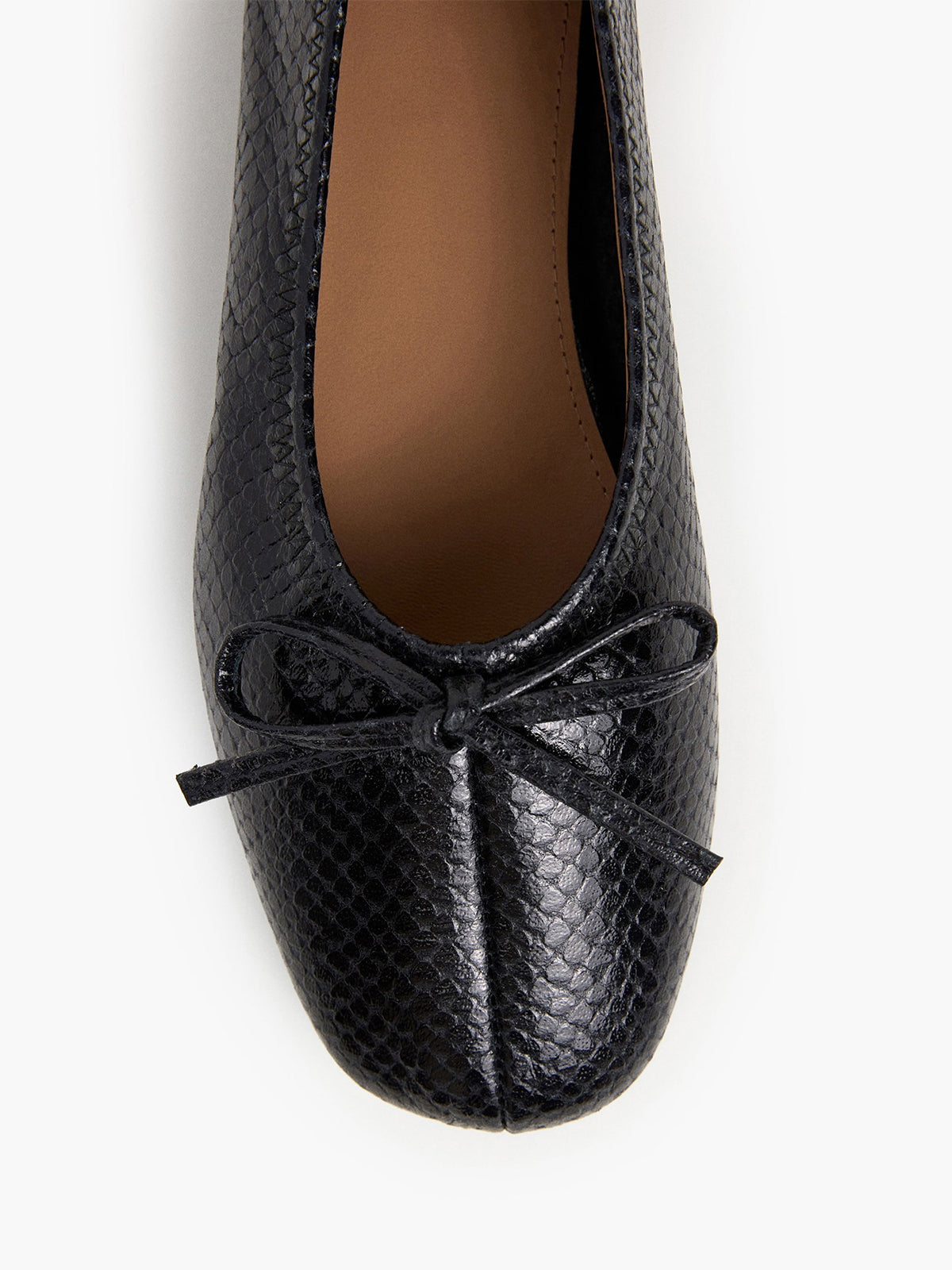 Black Snakeskin Pattern Classic Square-Toe Front Bow Simple Ballet Flats