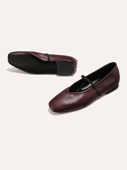 Mary Jane Square-Toe Slip-On Chic Ballet Flats - Burgundy